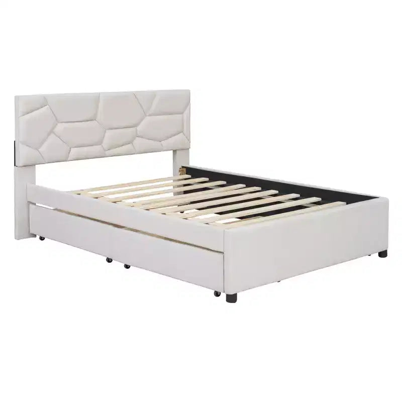 Luxystar Letto a Piattaforma Moderno Completamente Rivestito in Lino con Testiera a Motivo Mattone, Letto Estraibile e 2 Cassetti