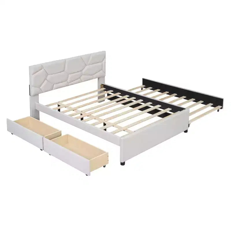 Luxystar Letto a Piattaforma Moderno Completamente Rivestito in Lino con Testiera a Motivo Mattone, Letto Estraibile e 2 Cassetti