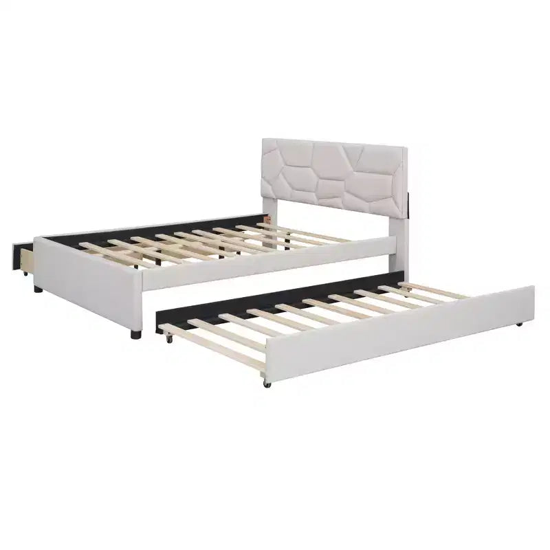 Luxystar Letto a Piattaforma Moderno Completamente Rivestito in Lino con Testiera a Motivo Mattone, Letto Estraibile e 2 Cassetti