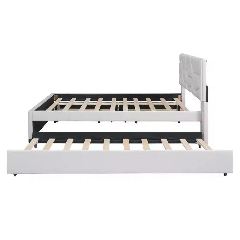 Luxystar Letto a Piattaforma Moderno Completamente Rivestito in Lino con Testiera a Motivo Mattone, Letto Estraibile e 2 Cassetti
