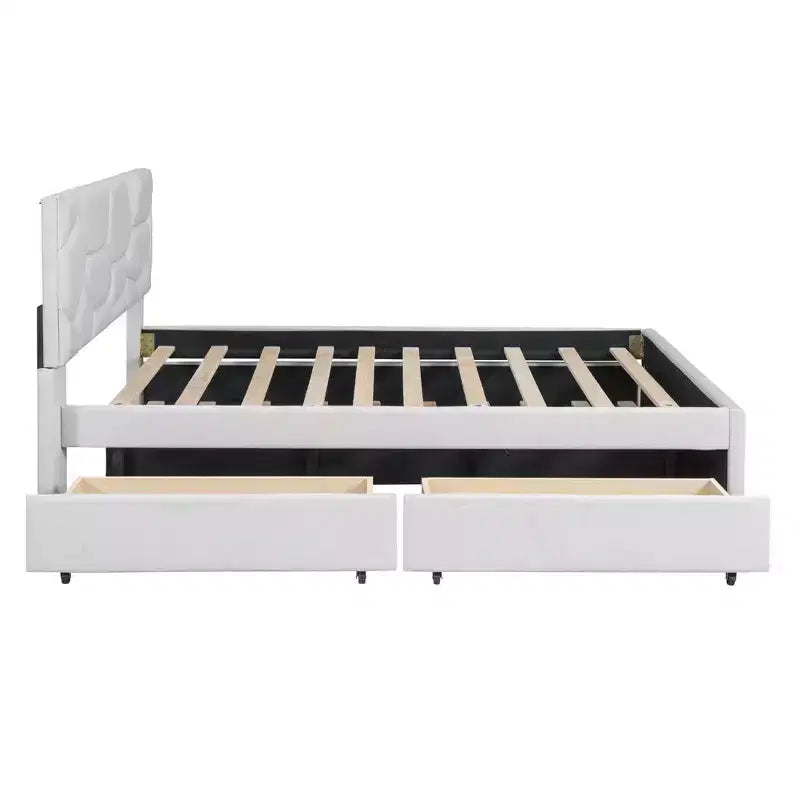 Luxystar Letto a Piattaforma Moderno Completamente Rivestito in Lino con Testiera a Motivo Mattone, Letto Estraibile e 2 Cassetti