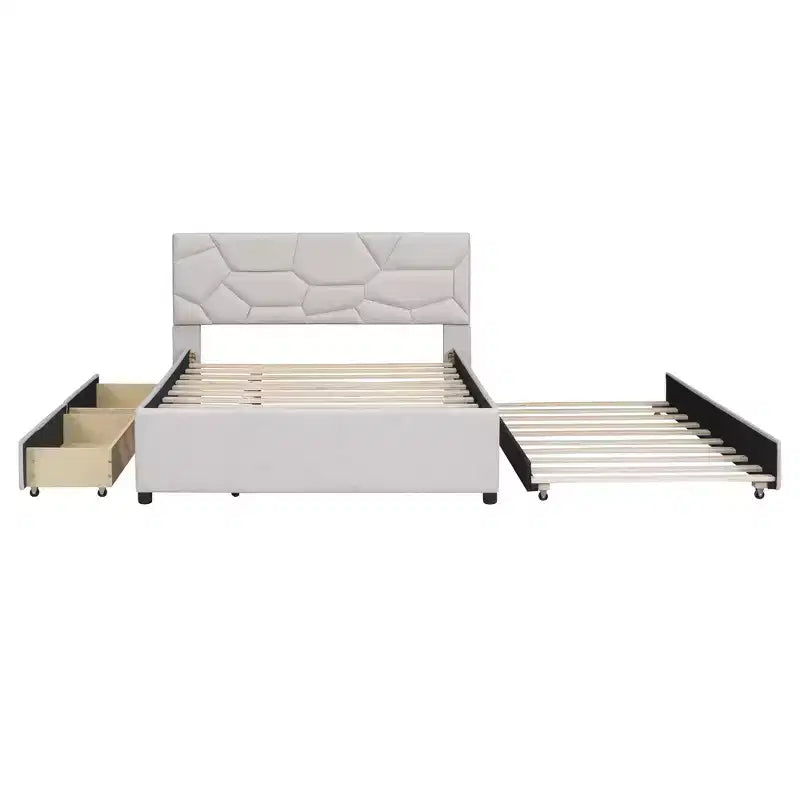 Luxystar Letto a Piattaforma Moderno Completamente Rivestito in Lino con Testiera a Motivo Mattone, Letto Estraibile e 2 Cassetti