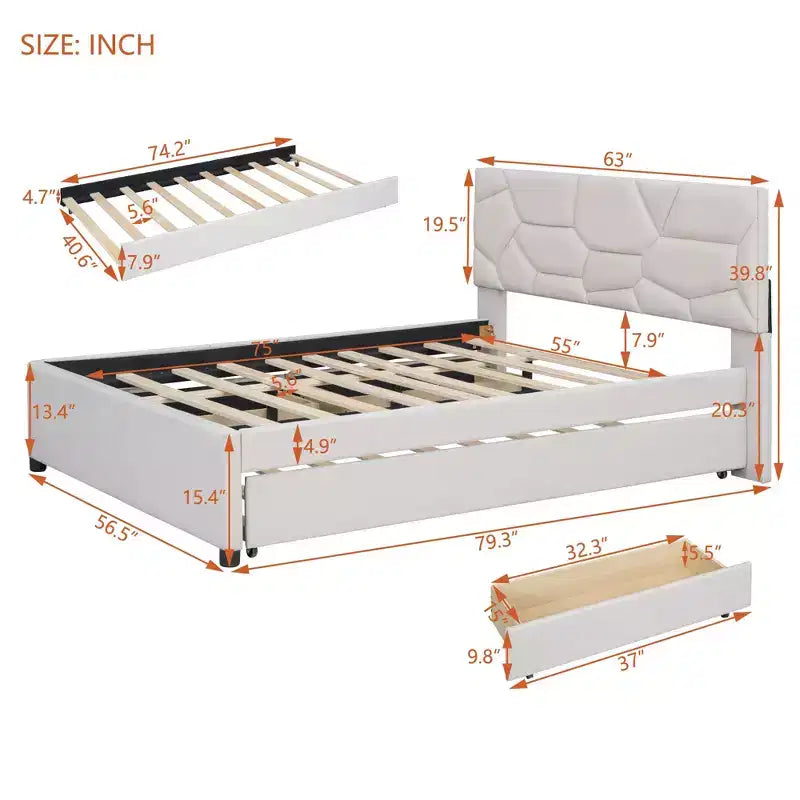 Luxystar Letto a Piattaforma Moderno Completamente Rivestito in Lino con Testiera a Motivo Mattone, Letto Estraibile e 2 Cassetti