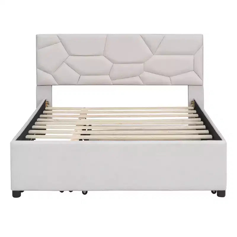 Luxystar Letto a Piattaforma Moderno Completamente Rivestito in Lino con Testiera a Motivo Mattone, Letto Estraibile e 2 Cassetti