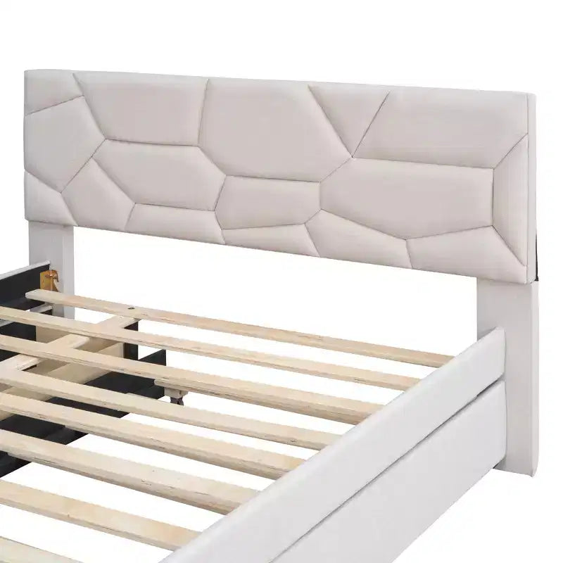 Luxystar Letto a Piattaforma Moderno Completamente Rivestito in Lino con Testiera a Motivo Mattone, Letto Estraibile e 2 Cassetti