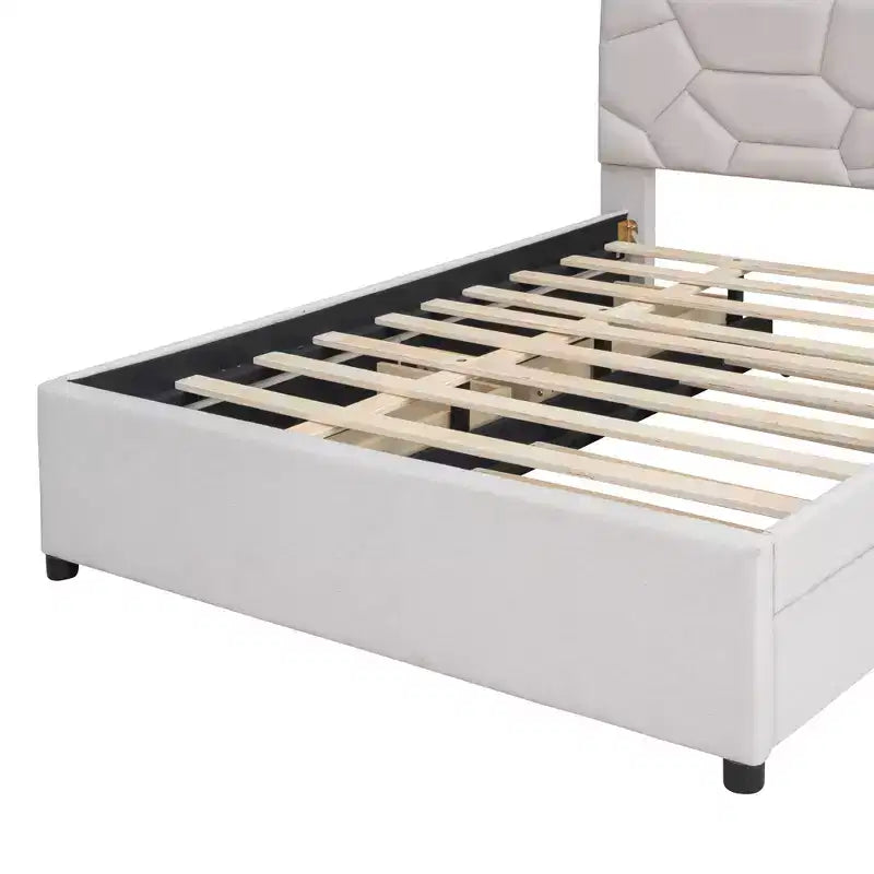 Luxystar Letto a Piattaforma Moderno Completamente Rivestito in Lino con Testiera a Motivo Mattone, Letto Estraibile e 2 Cassetti