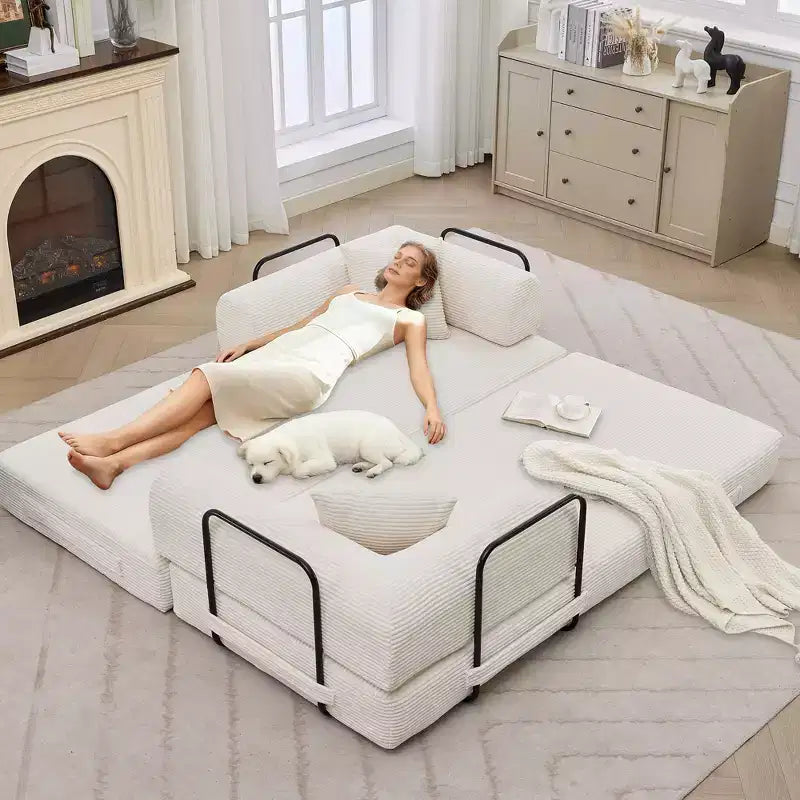 Divano Letto Convertibile 2 in 1, Divano Letto Pieghevole Comodo in Velluto a Coste con Seduta Profonda e Bracciolo Ampio, Nessun Montaggio, Divano a Terra Senza Struttura