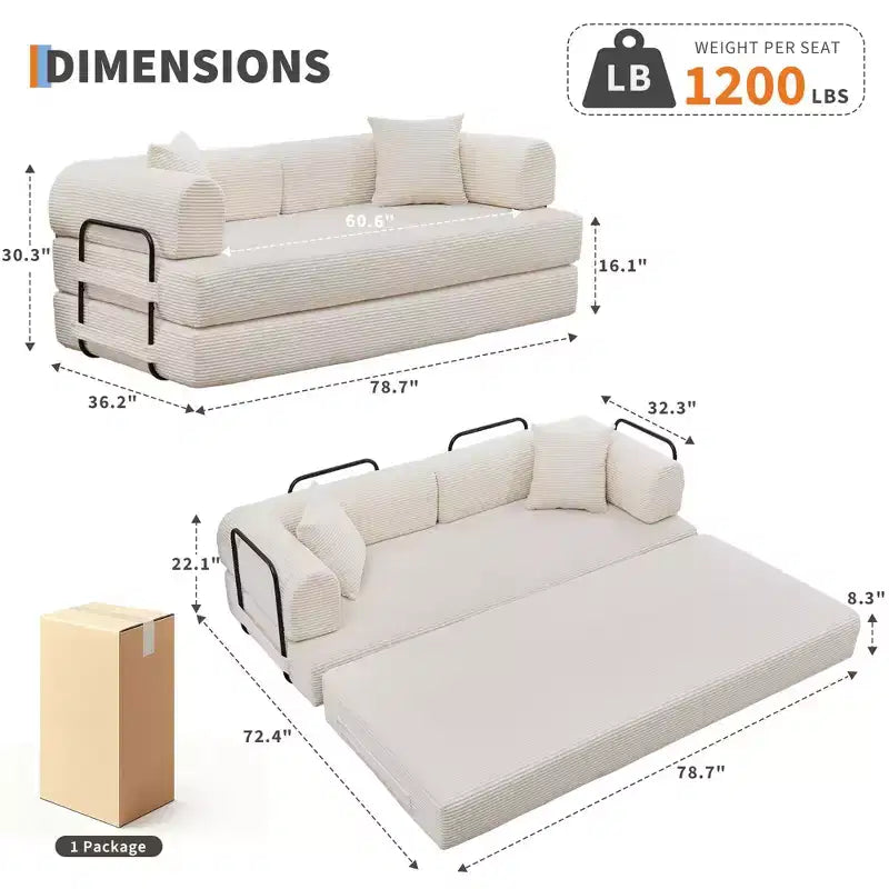 Divano Letto Convertibile 2 in 1, Divano Letto Pieghevole Comodo in Velluto a Coste con Seduta Profonda e Bracciolo Ampio, Nessun Montaggio, Divano a Terra Senza Struttura