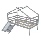 Letto a soppalco basso Bellemave Twin House con scivolo e scala, struttura letto a soppalco in pino con ringhiere di sicurezza per bambini