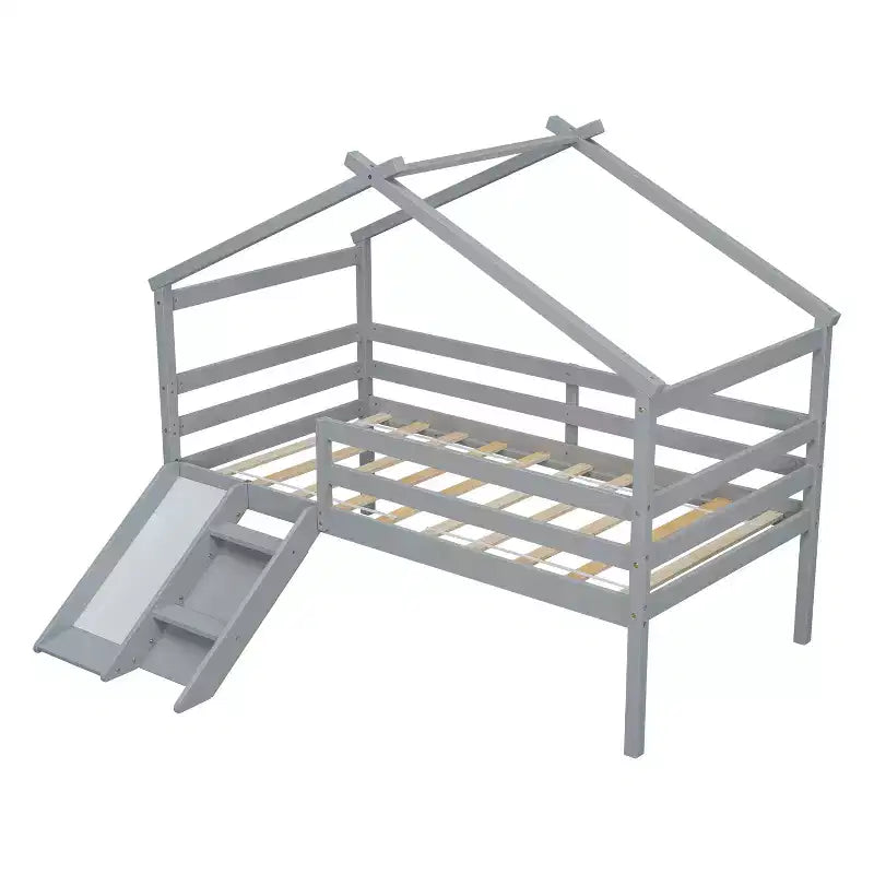Letto a soppalco basso Bellemave Twin House con scivolo e scala, struttura letto a soppalco in pino con ringhiere di sicurezza per bambini