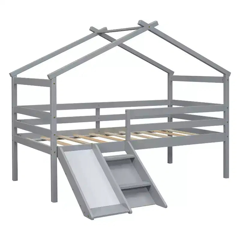 Letto a soppalco basso Bellemave Twin House con scivolo e scala, struttura letto a soppalco in pino con ringhiere di sicurezza per bambini