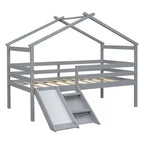 Letto a soppalco basso Bellemave Twin House con scivolo e scala, struttura letto a soppalco in pino con ringhiere di sicurezza per bambini