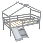 Letto a soppalco basso Bellemave Twin House con scivolo e scala, struttura letto a soppalco in pino con ringhiere di sicurezza per bambini
