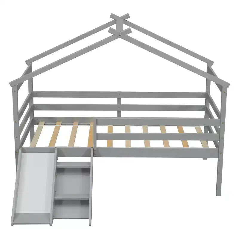 Letto a soppalco basso Bellemave Twin House con scivolo e scala, struttura letto a soppalco in pino con ringhiere di sicurezza per bambini