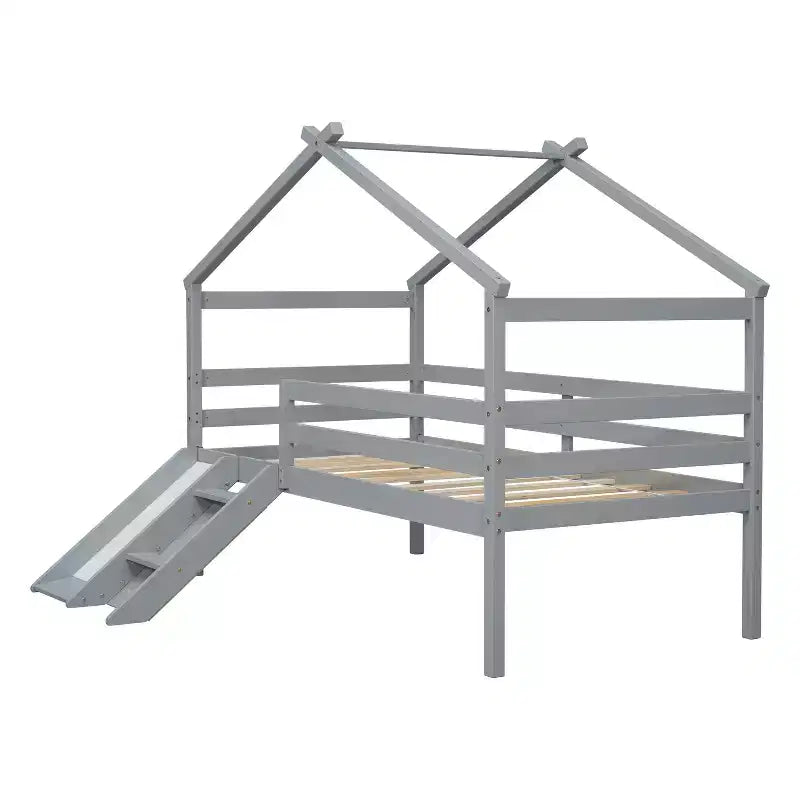Letto a soppalco basso Bellemave Twin House con scivolo e scala, struttura letto a soppalco in pino con ringhiere di sicurezza per bambini