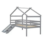 Letto a soppalco basso Bellemave Twin House con scivolo e scala, struttura letto a soppalco in pino con ringhiere di sicurezza per bambini