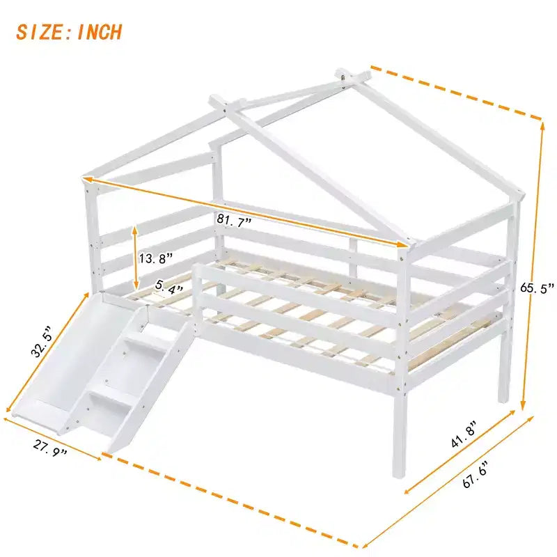 Letto a soppalco basso Bellemave Twin House con scivolo e scala, struttura letto a soppalco in pino con ringhiere di sicurezza per bambini