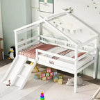Letto a soppalco basso Bellemave Twin House con scivolo e scala, struttura letto a soppalco in pino con ringhiere di sicurezza per bambini