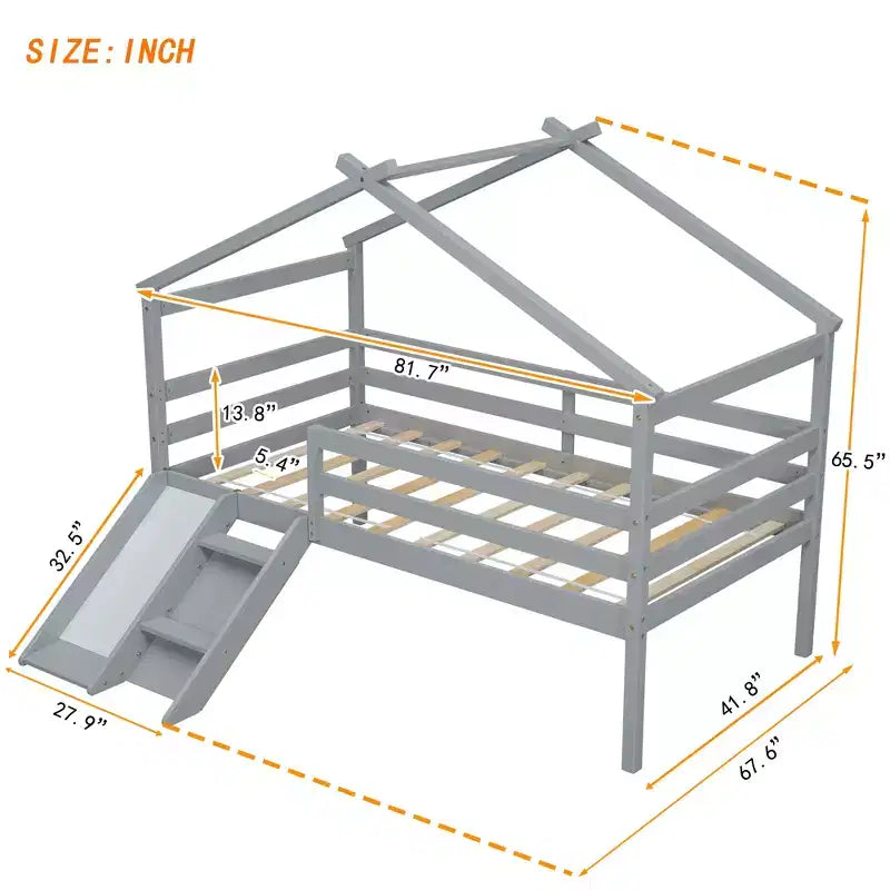 Letto a soppalco basso Bellemave Twin House con scivolo e scala, struttura letto a soppalco in pino con ringhiere di sicurezza per bambini