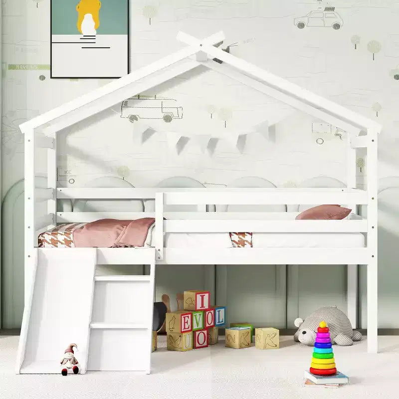 Letto a soppalco basso Bellemave Twin House con scivolo e scala, struttura letto a soppalco in pino con ringhiere di sicurezza per bambini