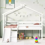 Letto a soppalco basso Bellemave Twin House con scivolo e scala, struttura letto a soppalco in pino con ringhiere di sicurezza per bambini