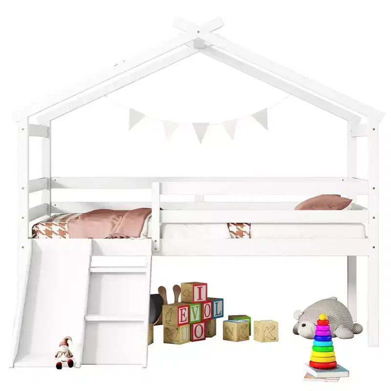 Letto a soppalco basso Bellemave Twin House con scivolo e scala, struttura letto a soppalco in pino con ringhiere di sicurezza per bambini