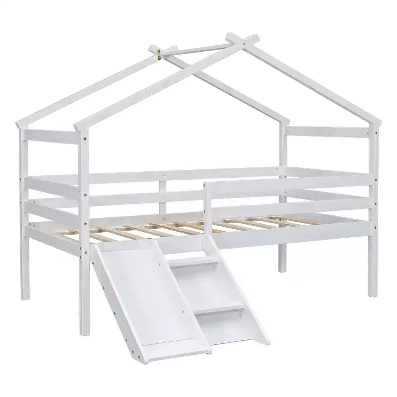 Letto a soppalco basso Bellemave Twin House con scivolo e scala, struttura letto a soppalco in pino con ringhiere di sicurezza per bambini