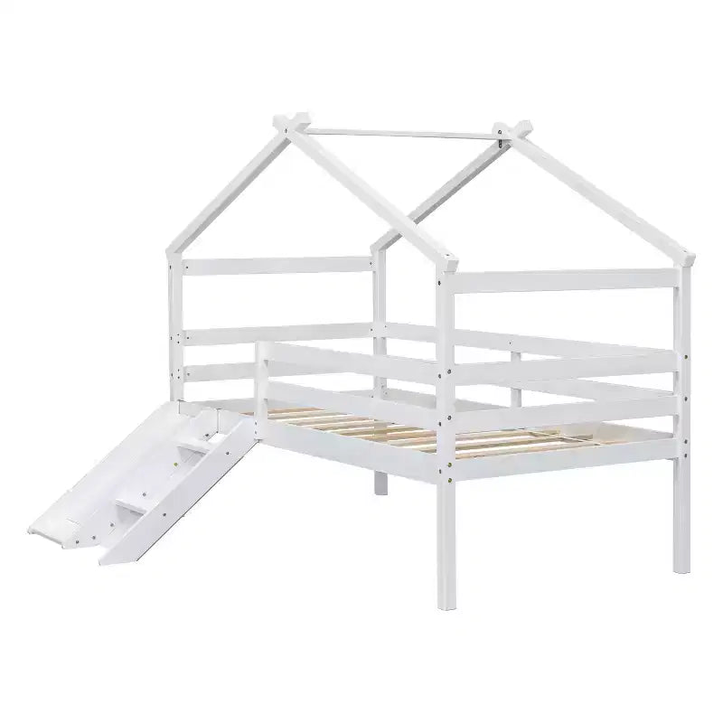 Letto a soppalco basso Bellemave Twin House con scivolo e scala, struttura letto a soppalco in pino con ringhiere di sicurezza per bambini