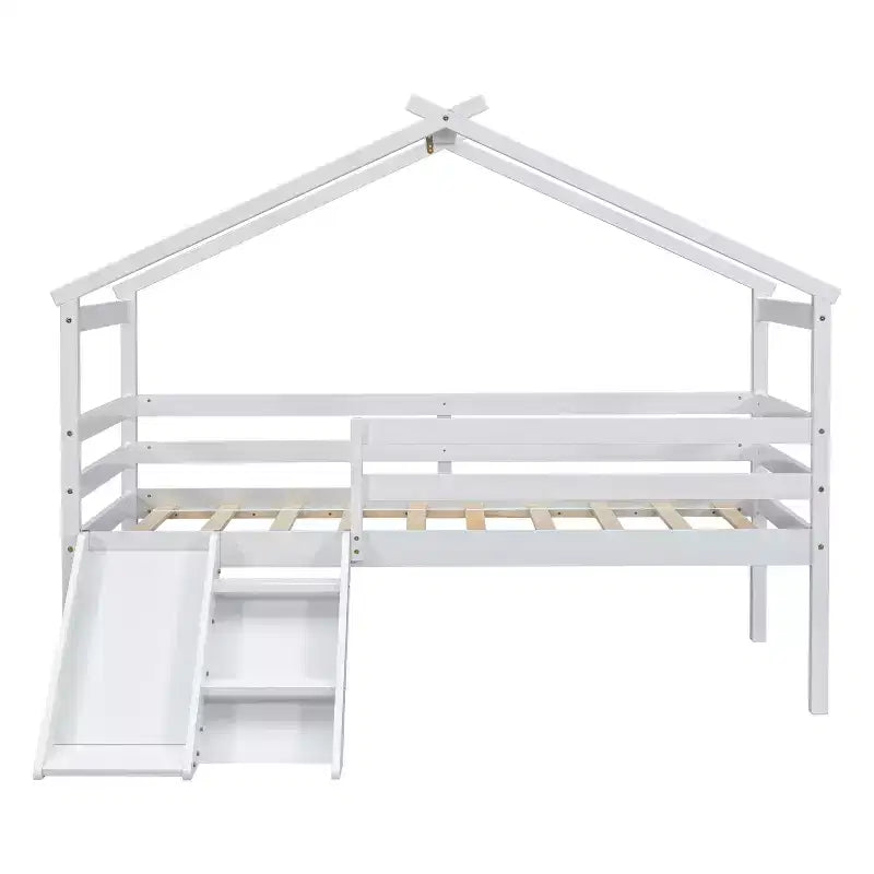 Letto a soppalco basso Bellemave Twin House con scivolo e scala, struttura letto a soppalco in pino con ringhiere di sicurezza per bambini