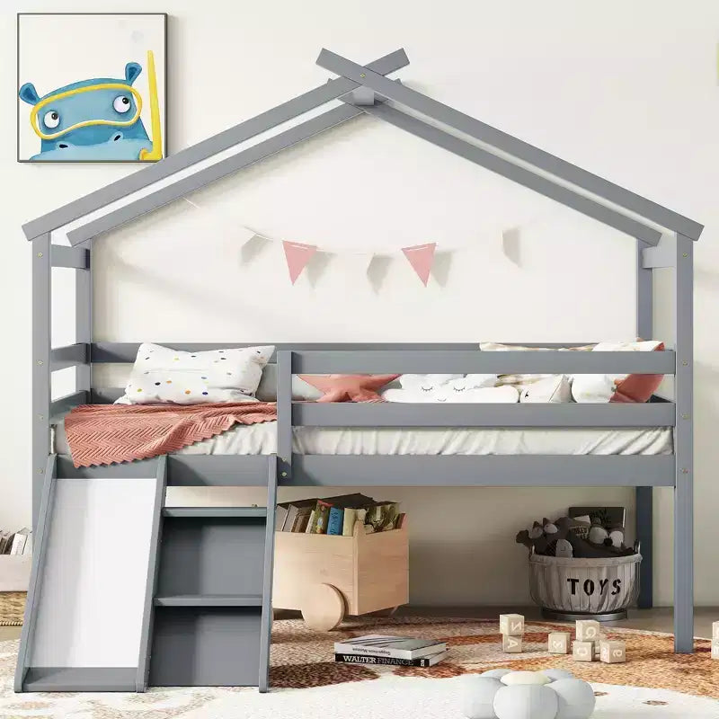 Letto a soppalco basso Bellemave Twin House con scivolo e scala, struttura letto a soppalco in pino con ringhiere di sicurezza per bambini