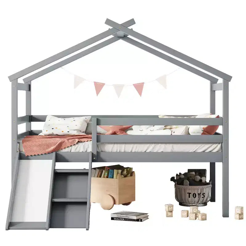 Letto a soppalco basso Bellemave Twin House con scivolo e scala, struttura letto a soppalco in pino con ringhiere di sicurezza per bambini