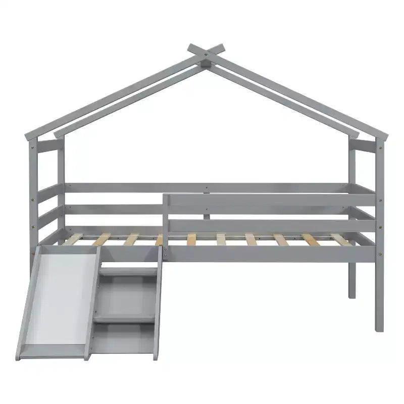 Letto a soppalco basso Bellemave Twin House con scivolo e scala, struttura letto a soppalco in pino con ringhiere di sicurezza per bambini