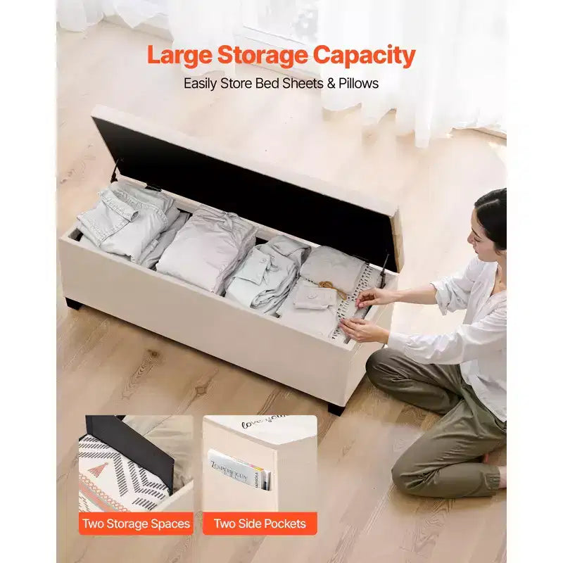 Panca Contenitore Ottomana VEVOR, Panchina Fondo Letto Trapuntata a Bottoni con Tasche Laterali, Contenitore Imbottito con Coperchio a Scomparsa e Struttura in Metallo, Ottomana da Letto in Lino, Beige
