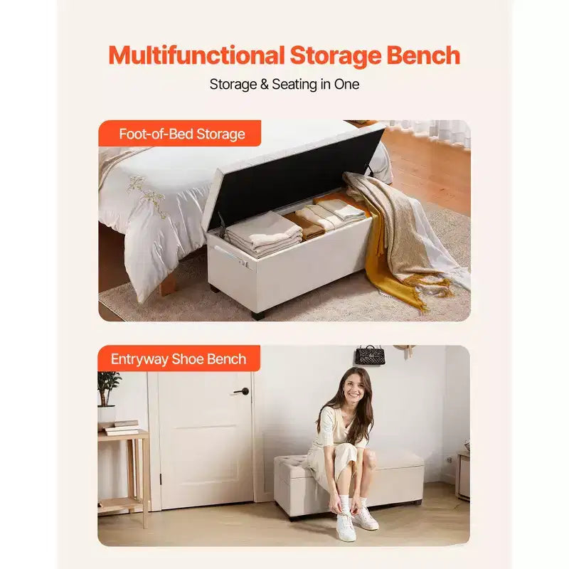 Panca Contenitore Ottomana VEVOR, Panchina Fondo Letto Trapuntata a Bottoni con Tasche Laterali, Contenitore Imbottito con Coperchio a Scomparsa e Struttura in Metallo, Ottomana da Letto in Lino, Beige