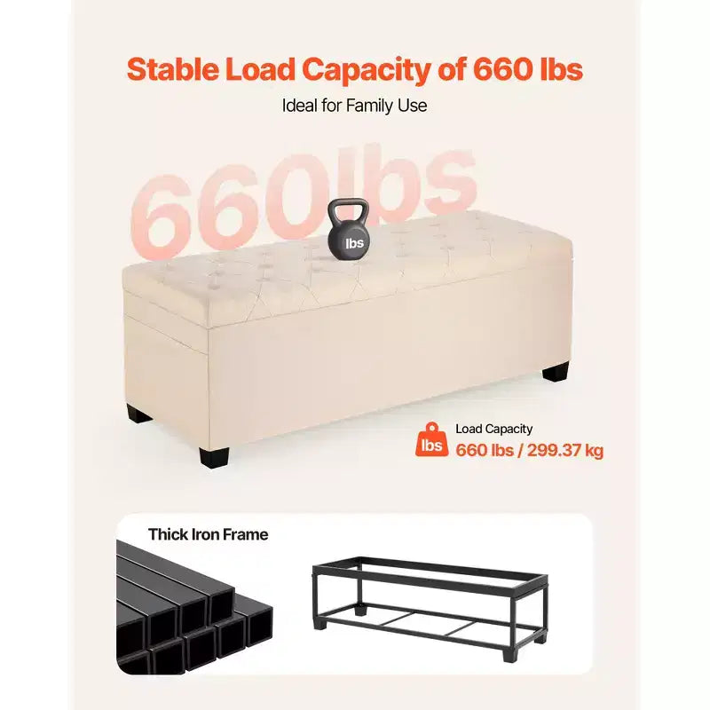 Panca Contenitore Ottomana VEVOR, Panchina Fondo Letto Trapuntata a Bottoni con Tasche Laterali, Contenitore Imbottito con Coperchio a Scomparsa e Struttura in Metallo, Ottomana da Letto in Lino, Beige