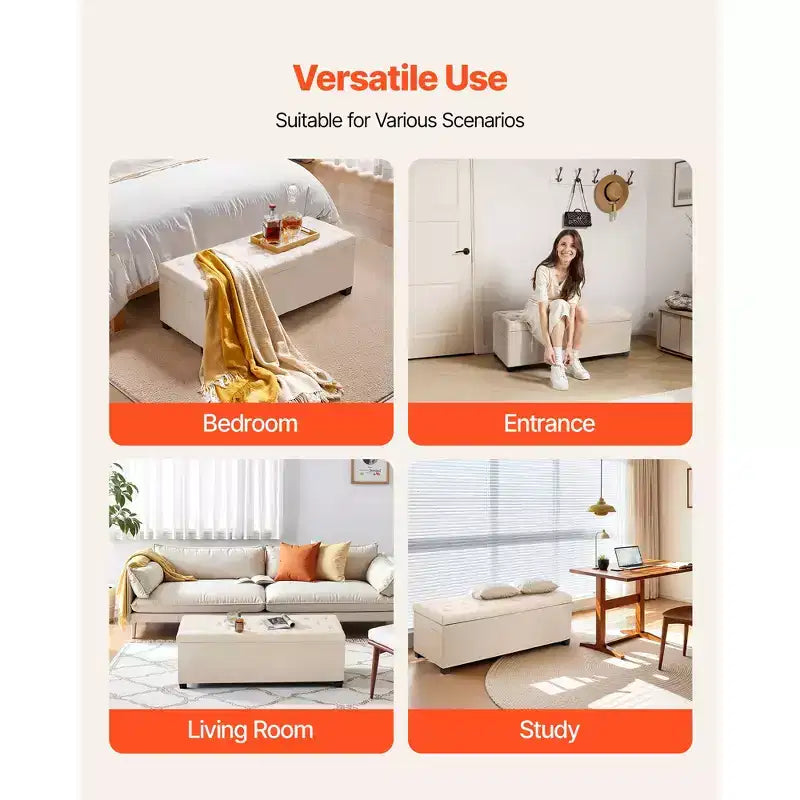 Panca Contenitore Ottomana VEVOR, Panchina Fondo Letto Trapuntata a Bottoni con Tasche Laterali, Contenitore Imbottito con Coperchio a Scomparsa e Struttura in Metallo, Ottomana da Letto in Lino, Beige