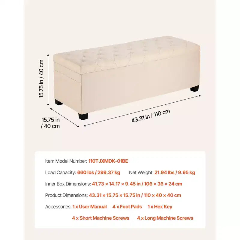 Panca Contenitore Ottomana VEVOR, Panchina Fondo Letto Trapuntata a Bottoni con Tasche Laterali, Contenitore Imbottito con Coperchio a Scomparsa e Struttura in Metallo, Ottomana da Letto in Lino, Beige