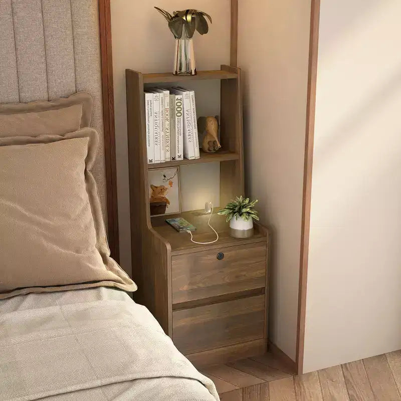 Modern Nightstand with Charging Station LED/Night Light Door Cabinet Lockable (Wood)