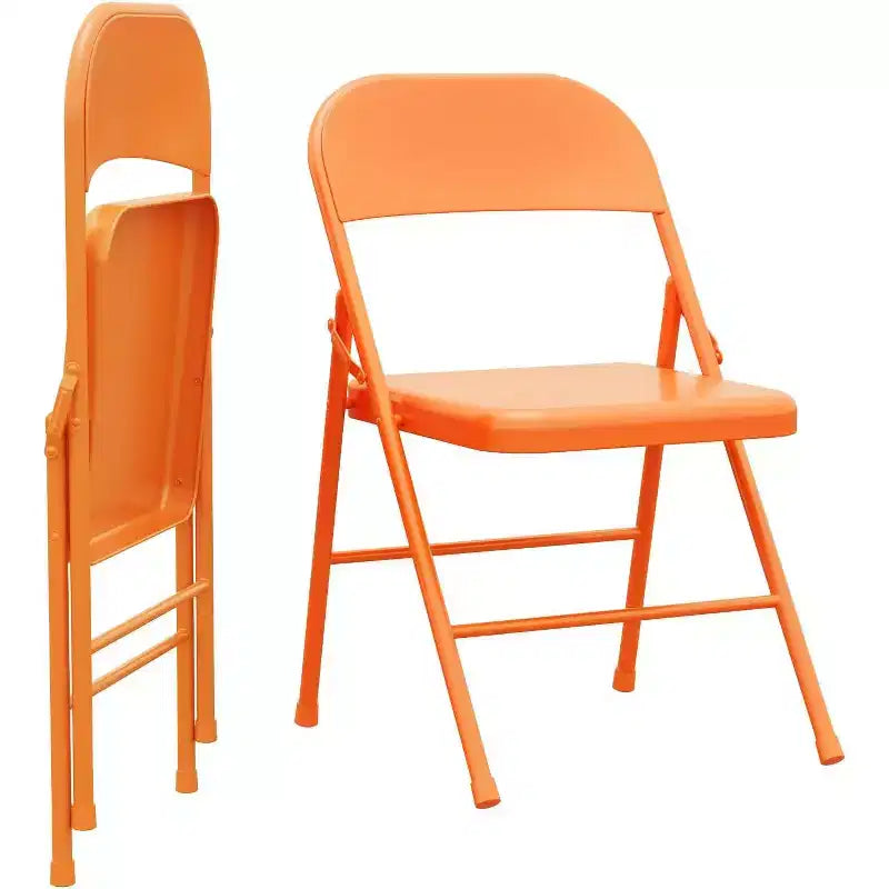 Set di 2 sedie pieghevoli in metallo arancione, supporta 158 kg ciascuna, portatile e pieghevole per uso interno/esterno