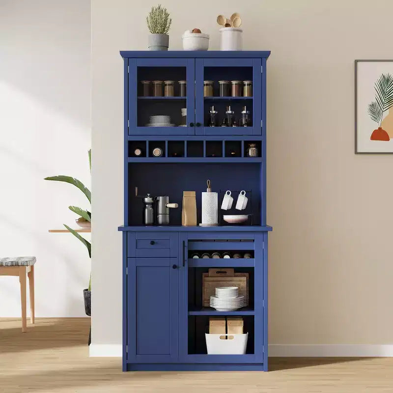Zeus & Ruta 74.8 Farmhouse Freestanding Kitchen Pantry Cabinet with Wine Rack & Adjustable Shelves for Dining Room