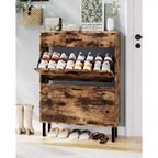 Slim three-tier shoe cabinet with double flip-up drawers  adjustable shelves, concealed shelving, space-saving design.