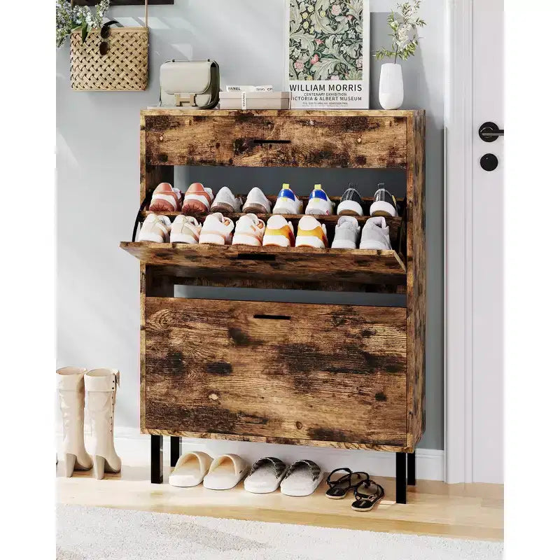Slim three-tier shoe cabinet with double flip-up drawers  adjustable shelves, concealed shelving, space-saving design.