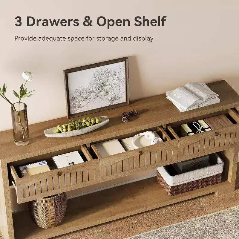 Tavolo console lungo Lantine da 179,8 cm con 3 cassetti, tavolo da ingresso stretto in stile rustico con mensole a 2 livelli per corridoio, soggiorno, divano, marrone rustico