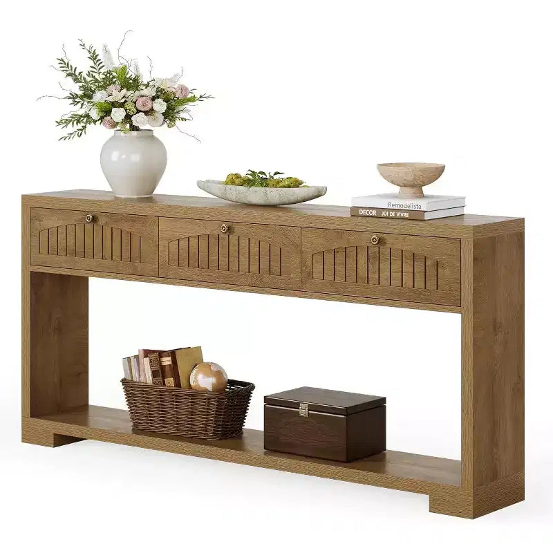 Tavolo console lungo Lantine da 179,8 cm con 3 cassetti, tavolo da ingresso stretto in stile rustico con mensole a 2 livelli per corridoio, soggiorno, divano, marrone rustico