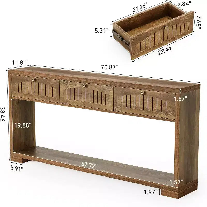 Tavolo console lungo Lantine da 179,8 cm con 3 cassetti, tavolo da ingresso stretto in stile rustico con mensole a 2 livelli per corridoio, soggiorno, divano, marrone rustico