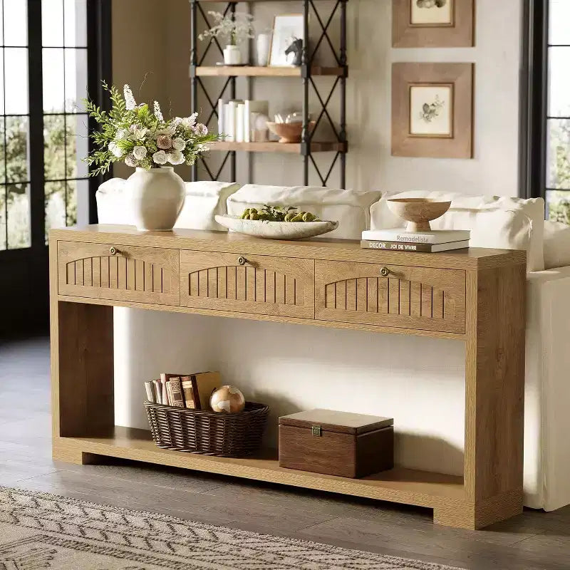 Tavolo console lungo Lantine da 179,8 cm con 3 cassetti, tavolo da ingresso stretto in stile rustico con mensole a 2 livelli per corridoio, soggiorno, divano, marrone rustico