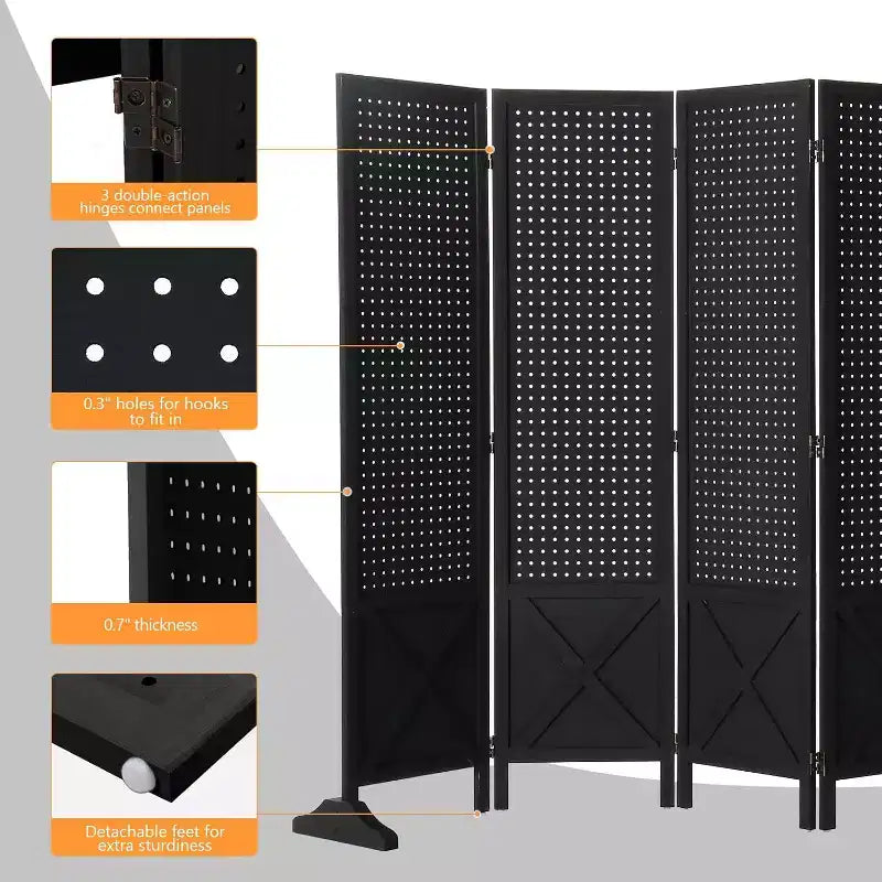 VINGLI Pannello Forato Autoportante con Piedini di Supporto, Divisorio in Legno da 5 FT e Organizer da Parete, Divisorio Pieghevole per la Privacy Separatore di Spazi