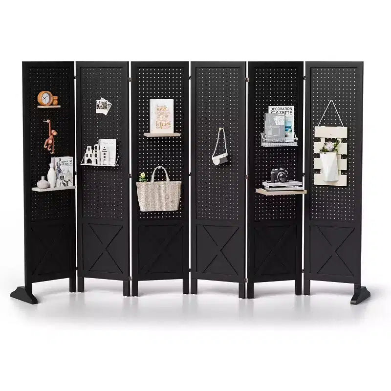 VINGLI Freestanding Pegboard with Support Feet, 5 FT Wood Room Divider &Board Organizer, Folding Privacy Screen Partition Space Separator