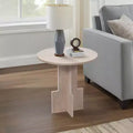 Modern End Table, Side Table, or Small Night Stand - Round Marble Table with Unique Cross Pedestal Base for Small Spaces - 18 Tan
