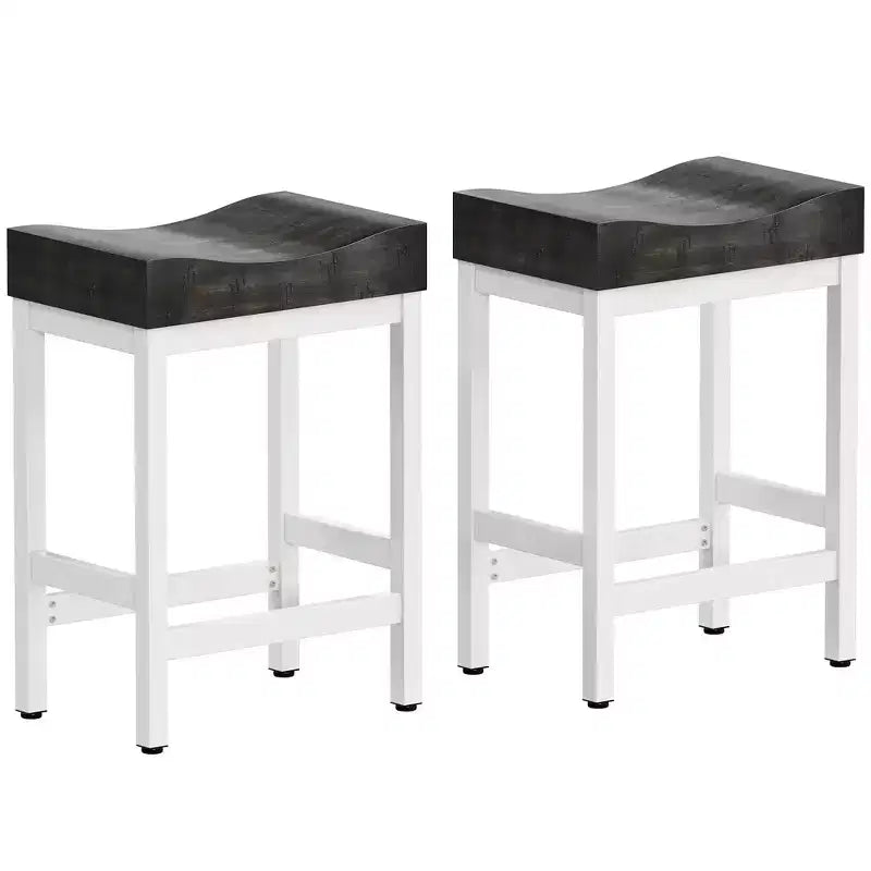 Set of 2 Counter Height Bar Stools 25 Inch Saddle Seat Kitchen Stools with White Metal Frame